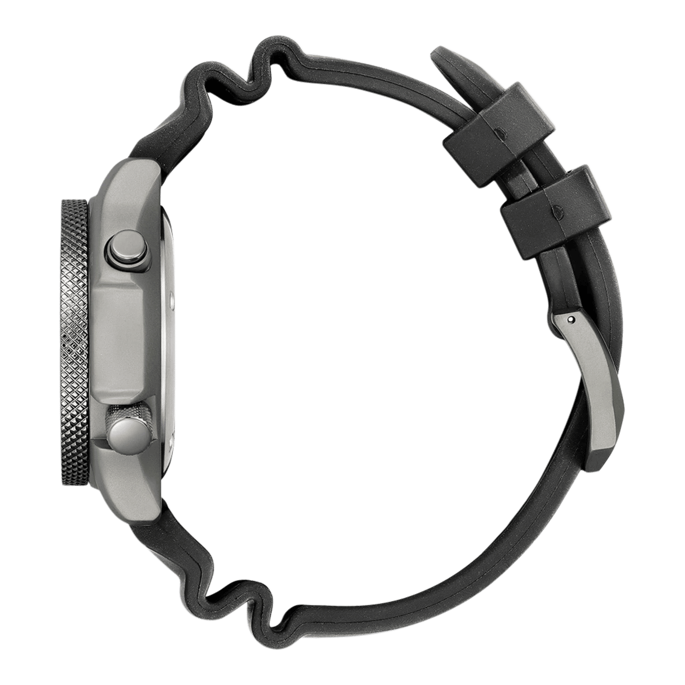 Herrenarmbanduhr, schwarzes Armband und Gehäuse mit Bedienelementen
