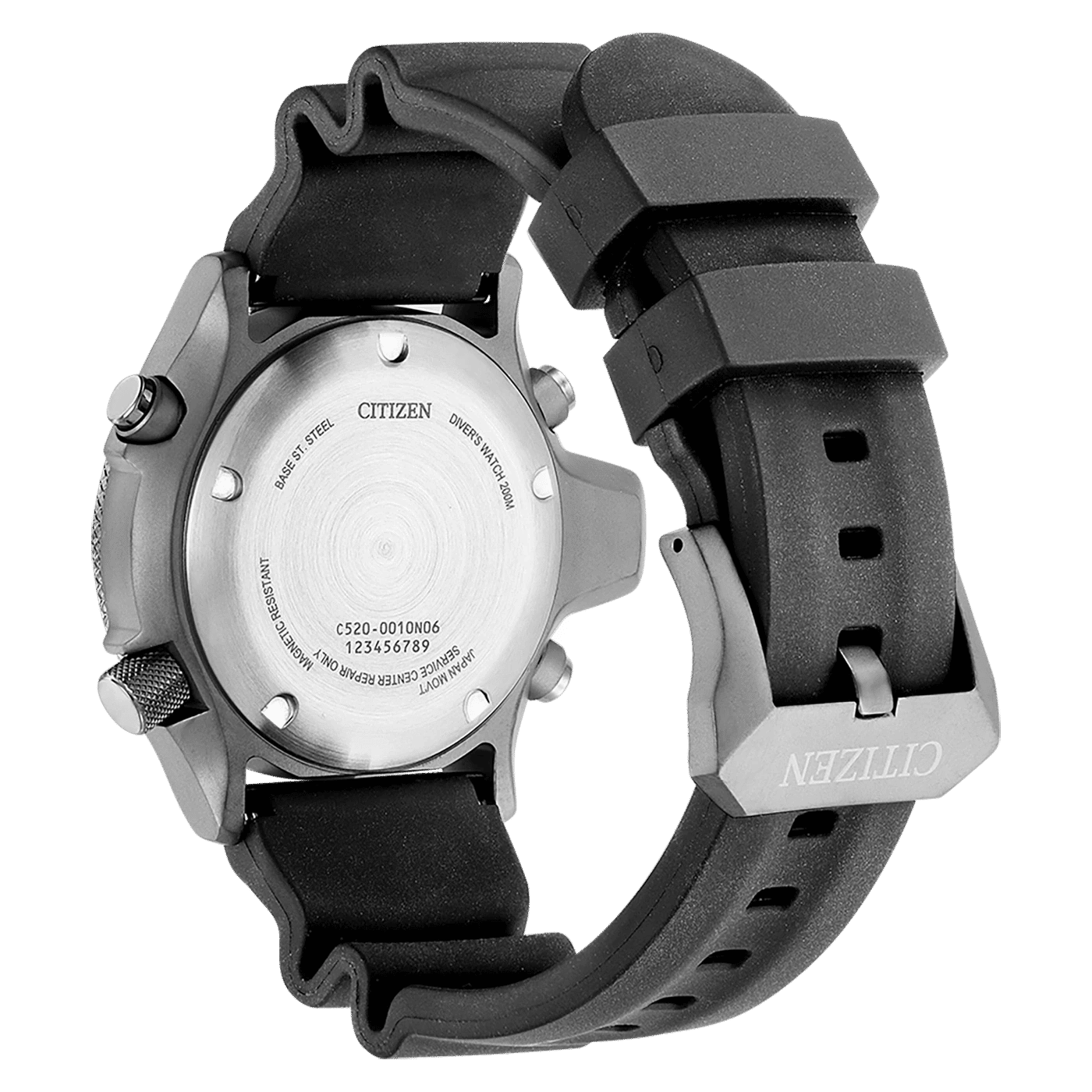Herrenarmbanduhr-Rückseite mit Edelstahlboden und schwarzem Kautschukarmband