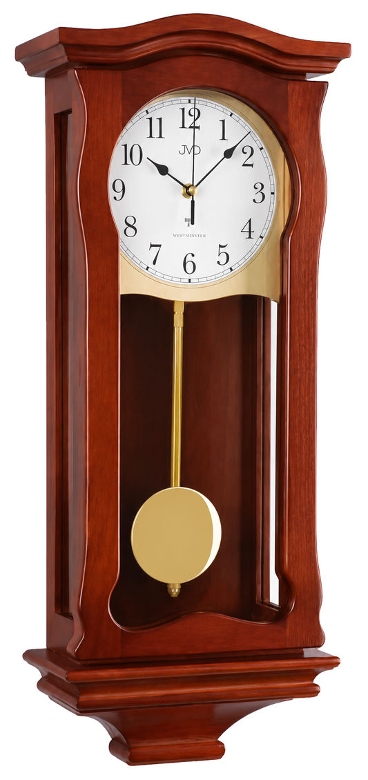 Braune Holz-Wanduhr mit rundem Zifferblatt, Pendel und goldenem Gewichts-Anhänger