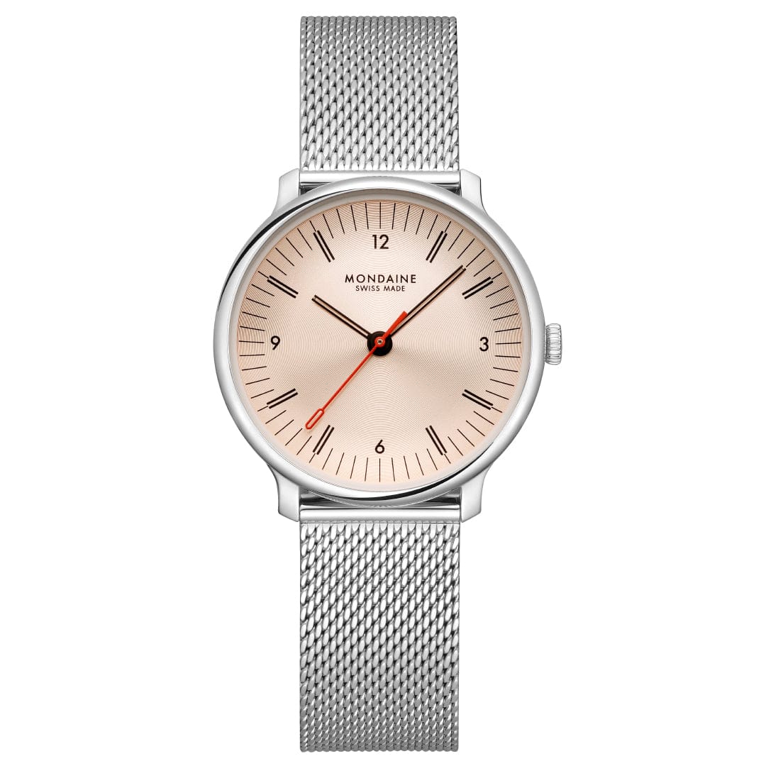 Mondaine Doppio Damenarmbanduhr mit silbernem Milanaiseband und hellem Zifferblatt
