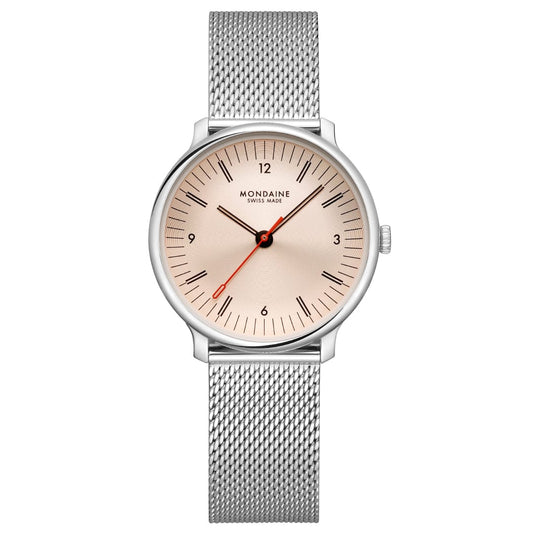 Mondaine Doppio Damenarmbanduhr mit silbernem Milanaiseband und hellem Zifferblatt
