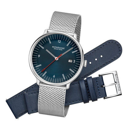 Mondaine Doppio MLE.41240.LQV.SET Herrenuhr Blau • Saphirglas mit Antireflexbeschichtung • Schweizer Quarzwerk, Bild 11