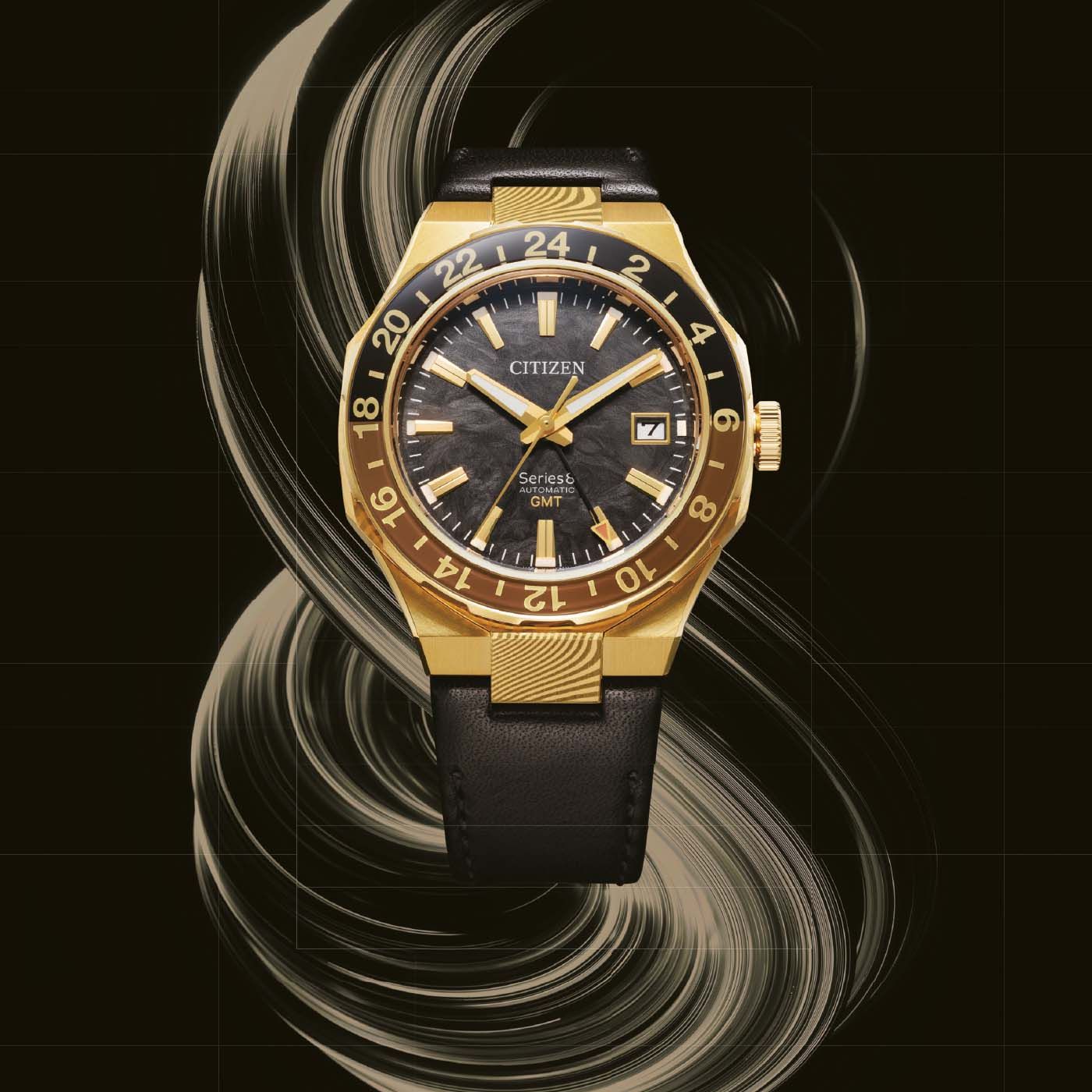 Armbanduhr mit schwarzem Zifferblatt, goldenem Gehäuse und schwarzem Lederarmband