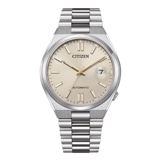 Herrenarmbanduhr mit beigem Zifferblatt, Edelstahlarmband und Saphirglas