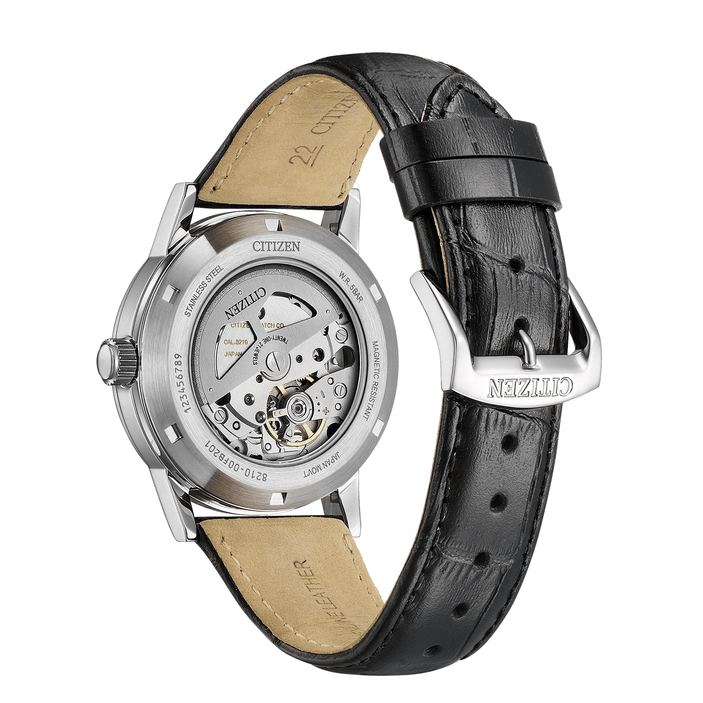 Herrenuhr mit sichtbarem Uhrwerk und schwarzem Lederarmband, Edelstahlgehäuse