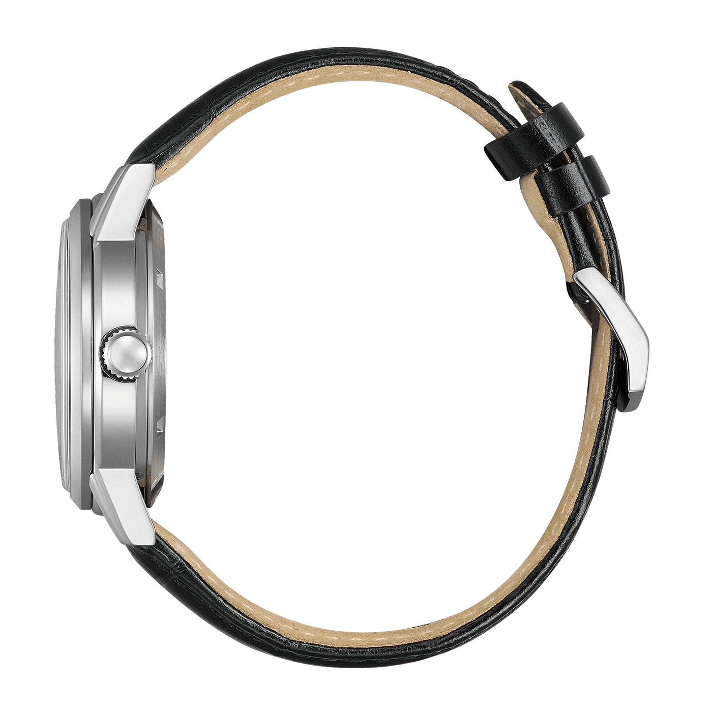 Herrenuhr, Seitenansicht: silberfarbener Gehäuseboden und schwarzes Lederarmband