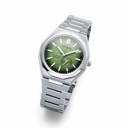 Herrenarmbanduhr mit grünem Zifferblatt, Titanarmband, seitliche Ansicht