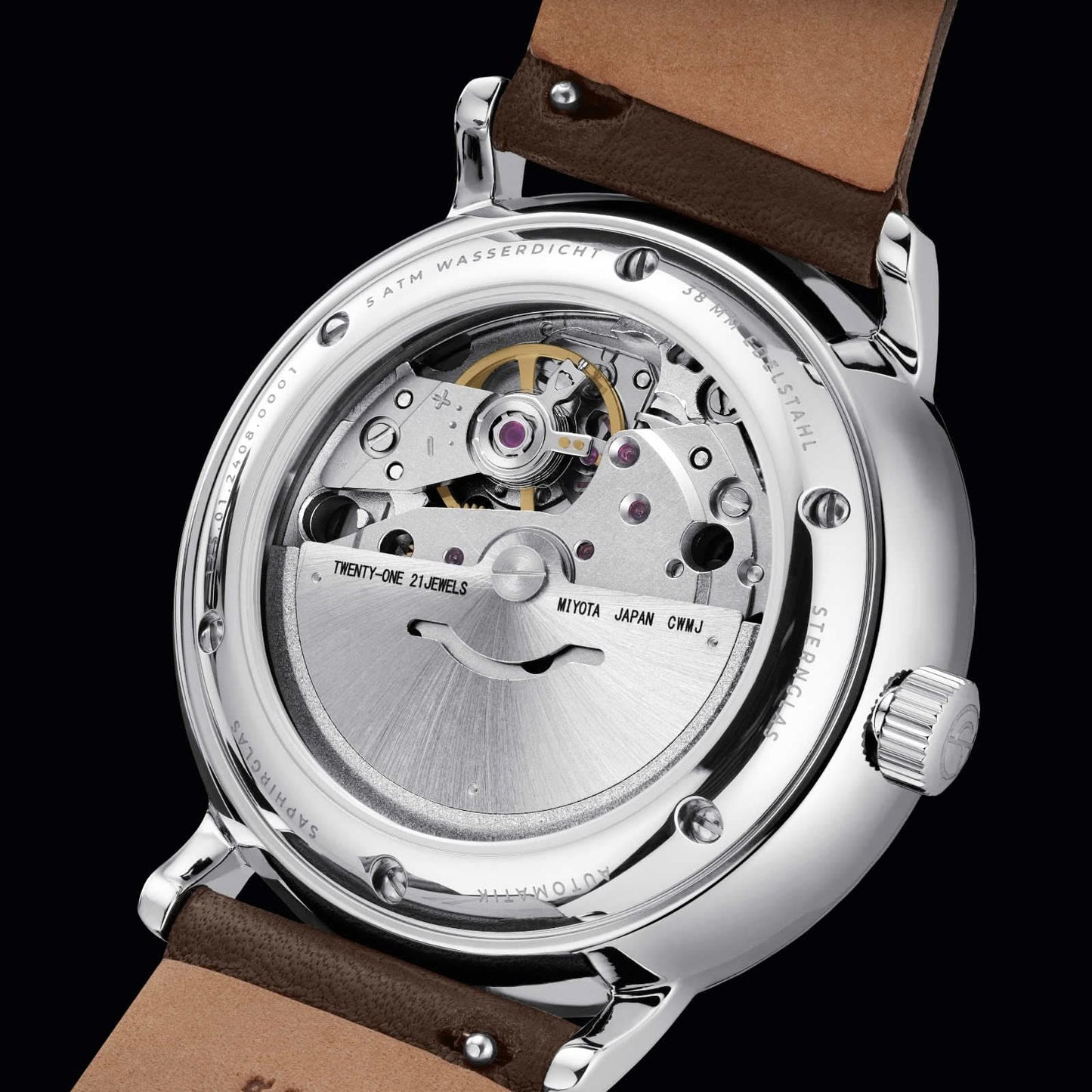 Herrenuhr mit offenem Sichtboden: mechanisches Uhrwerk im Edelstahlgehäuse, braunes Lederarmband