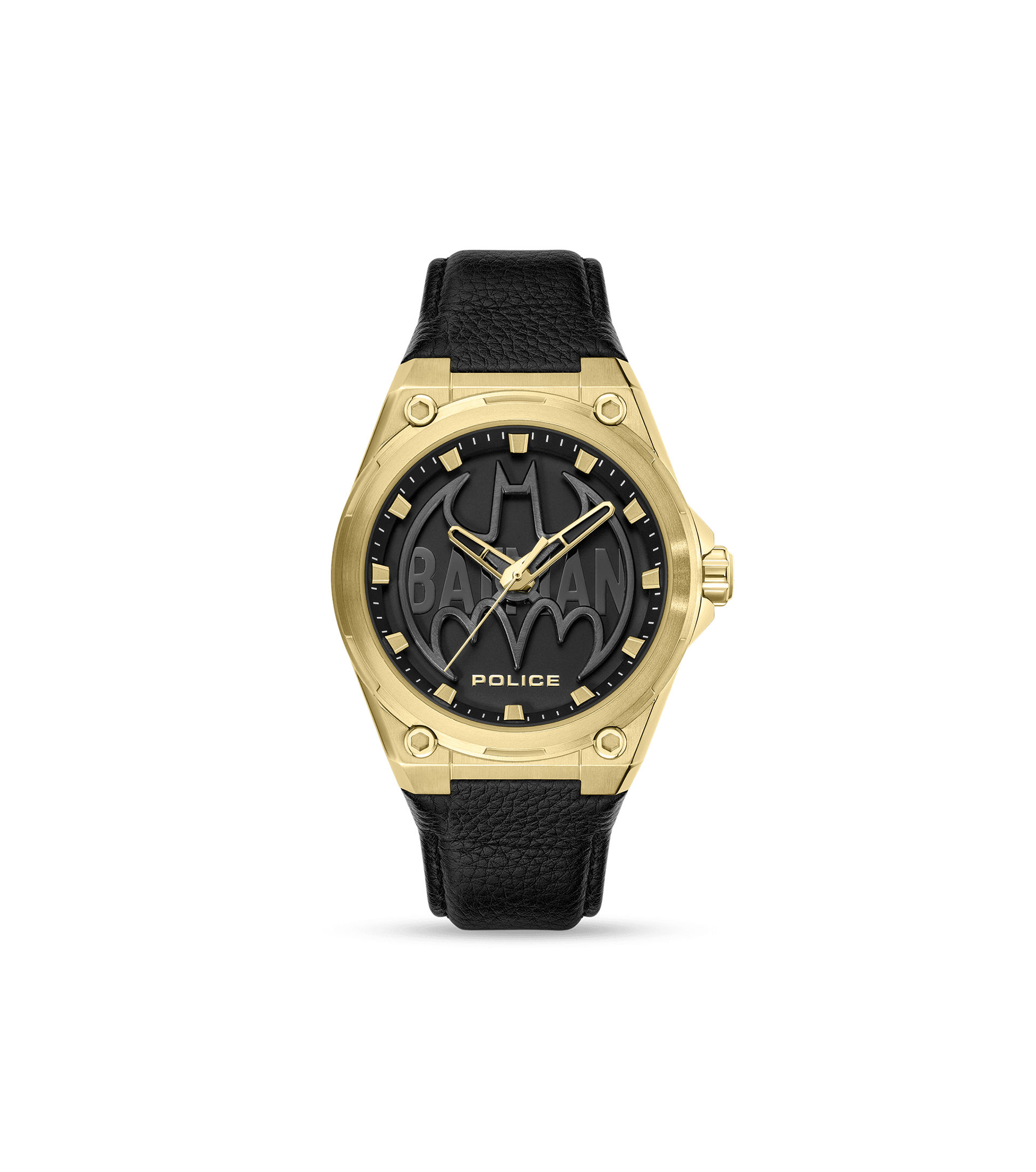 Police Batwing PEWGA0090006-SET Herrenuhr Schwarz/Gold • Goldplattiertes Edelstahlgehäuse • Rotierendes Batman-Symbol