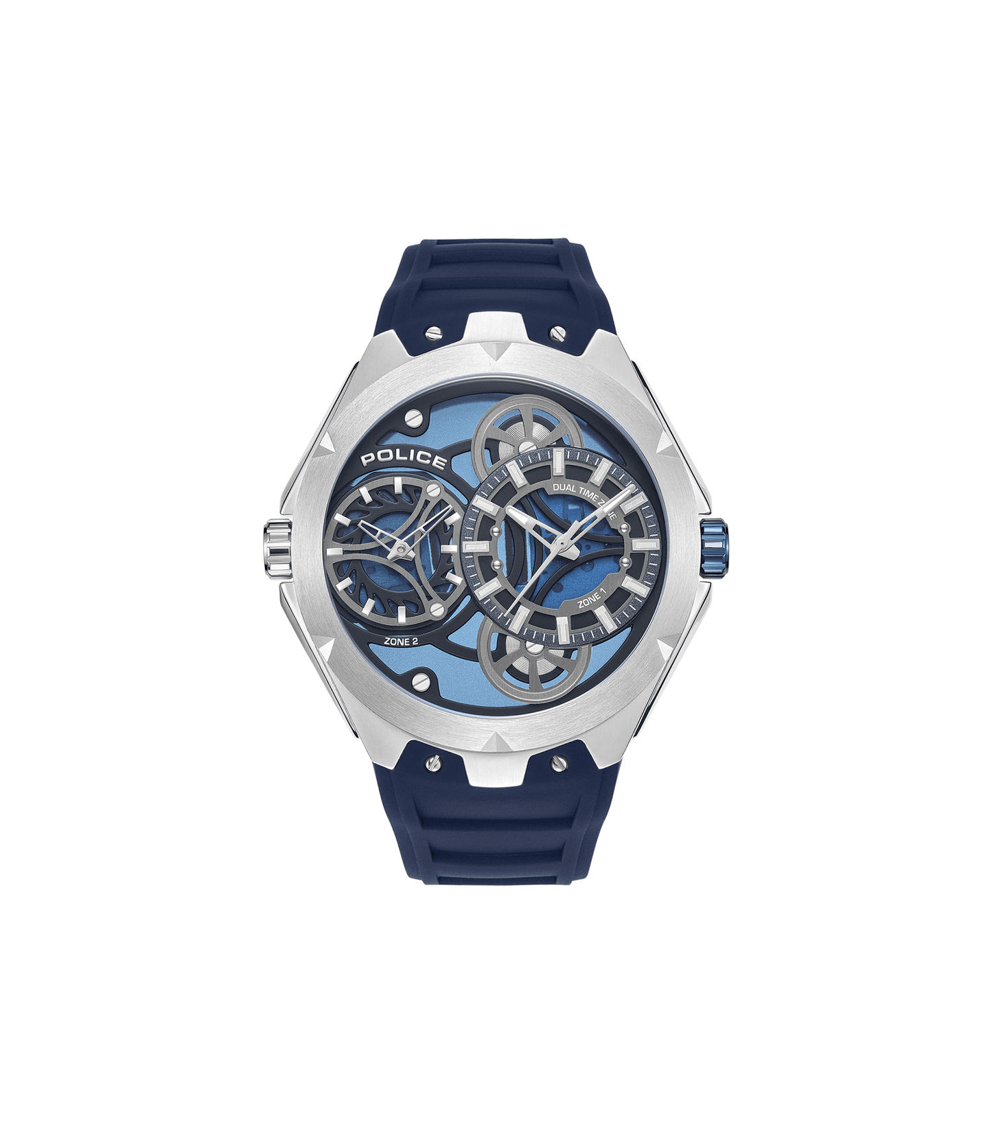 Police Scepter PEWGM0081703 Herrenuhr Blau • Doppelwerk-Anzeige • Marineblaues Silikonarmband