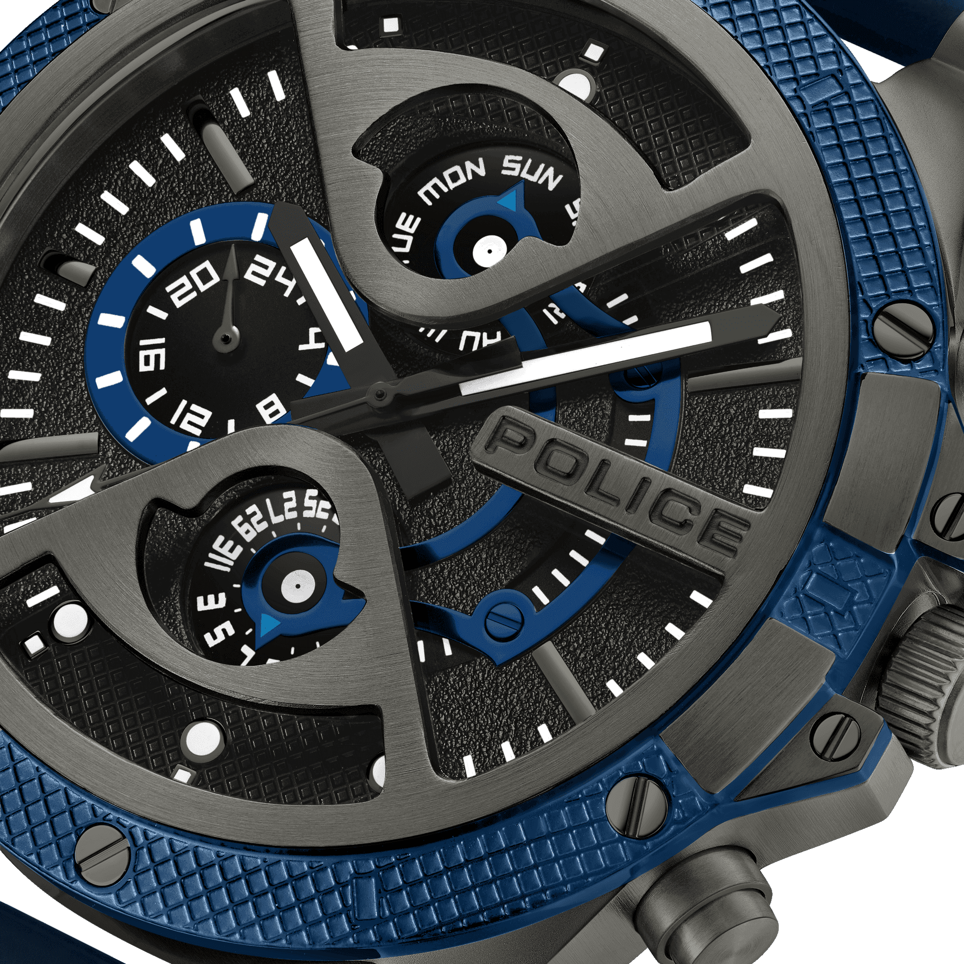 Police Surigao PEWJQ2110503 Herrenuhr Blau • Multifunktion mit Datum & Wochentag • Blaue IP-Lünette im Industriedesign, Bild