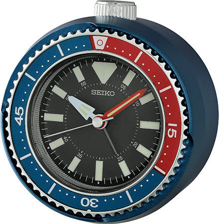 Seiko Wecker mit schwarzem Zifferblatt, Leuchtzeigern und blau-rot lackierter Lünette
