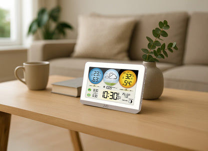 Funkwetterstation mit Digitaldisplay und Außensensor, auf Tisch aufgestellt, Wetterwerte sichtbar.