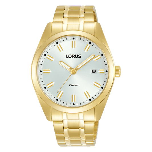 Lorus Herrenuhr mit goldfarbenem Edelstahlarmband und weißem Zifferblatt