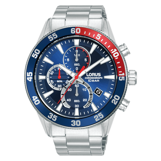Herren-Chronograph-Armbanduhr mit blauem Zifferblatt und silbernem Edelstahlarmband