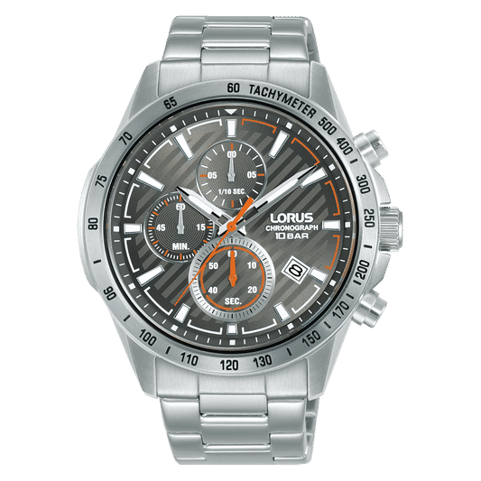Herren-Chronograph Armbanduhr mit silberfarbenem Metallband und silbernem Gehäuse