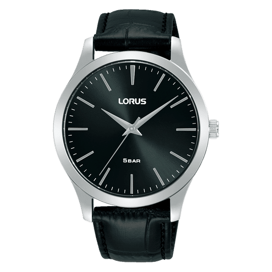 Lorus Herrenarmbanduhr: schwarzes Lederarmband, schwarzes Zifferblatt, Mineralglas