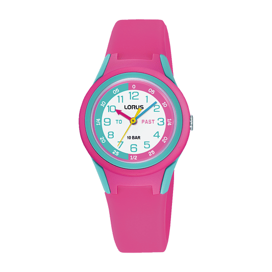 Lorus Young RRX81JX9 Mädchen Armbanduhr • Weißes Zifferblatt • Pinkes Silikonarmband