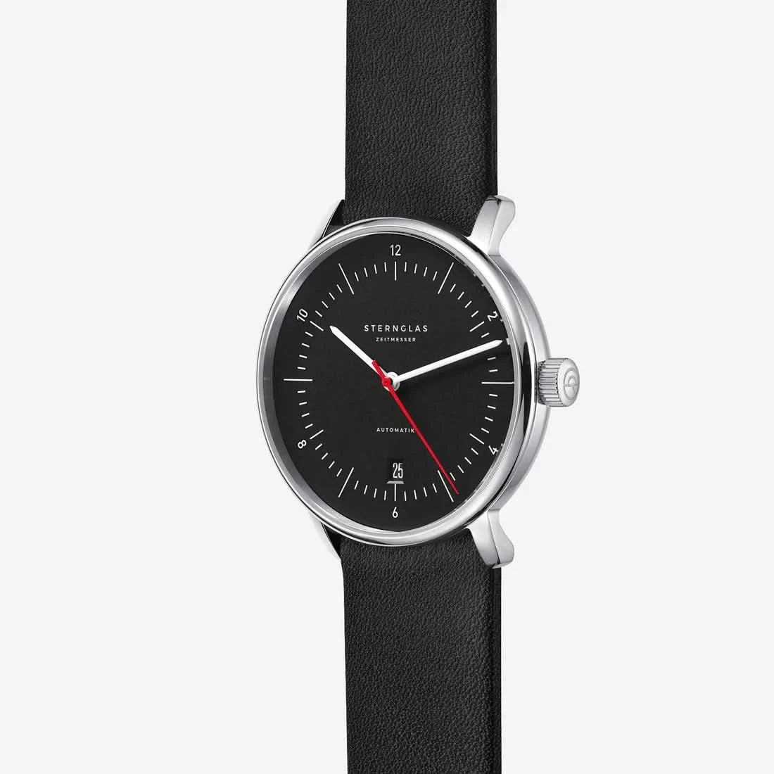 Unisex-Automatikuhr mit schwarzem Lederarmband, rundem schwarzem Zifferblatt und roter Sekunde