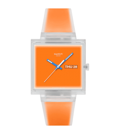 Swatch What If Square SO38K704 Armbanduhr Neonorange • Transparentes Gehäuse • Biosourciertes Material