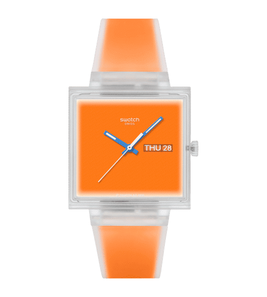 Neonorange Armbanduhr mit transparentem Gehäuse, orangefarbenem Zifferblatt und blauen Zeigern