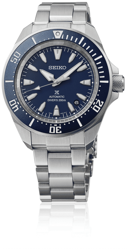 Herrenuhr mit blauem Zifferblatt, SEIKO-Schriftzug, Automatik-Text und Edelstahlarmband