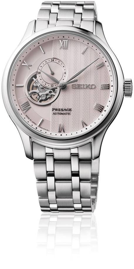 Herrenuhr mit rosafarbenem Zifferblatt, römischen Ziffern und silbernem Metallarmband