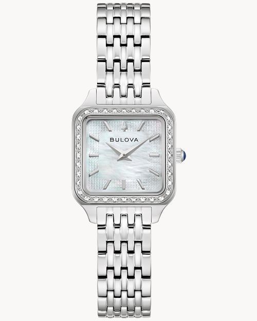 Bulova Sutton 96R256 Damen Armbanduhr Weiß • Saphirglas mit Diamantbesatz • Perlmutt-Zifferblatt