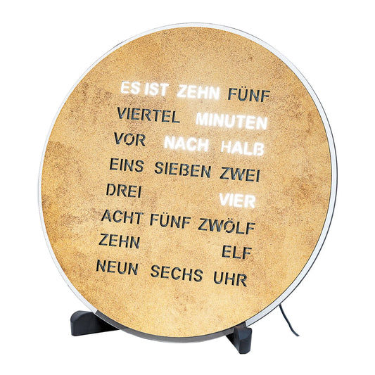 Runde LED-Wortanzeige-Uhr mit beigem Zifferblatt und leuchtender Schrift