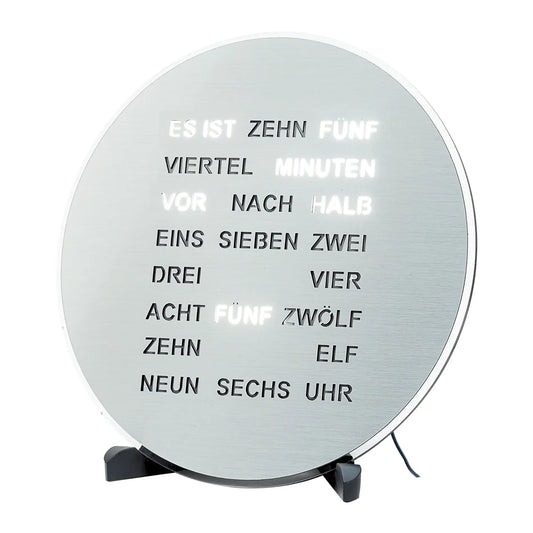 Runde LED-Wortanzeige Uhr, silbernes Ziffernblatt mit LED-Text und Standfüßen