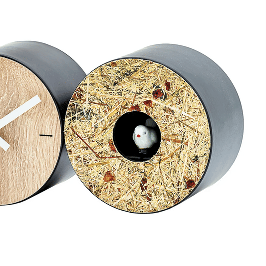 AMS T1312 Tisch- und Wanduhr mit schwarzem Metallrahmen und Vogelmotiv im Holzlook