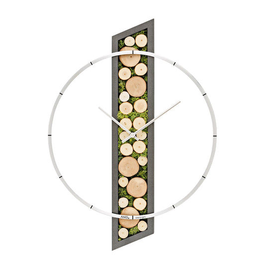 Wanduhr mit Holzgehäuse und silbernem Aluminiumring, Zifferblatt mit Holzscheiben