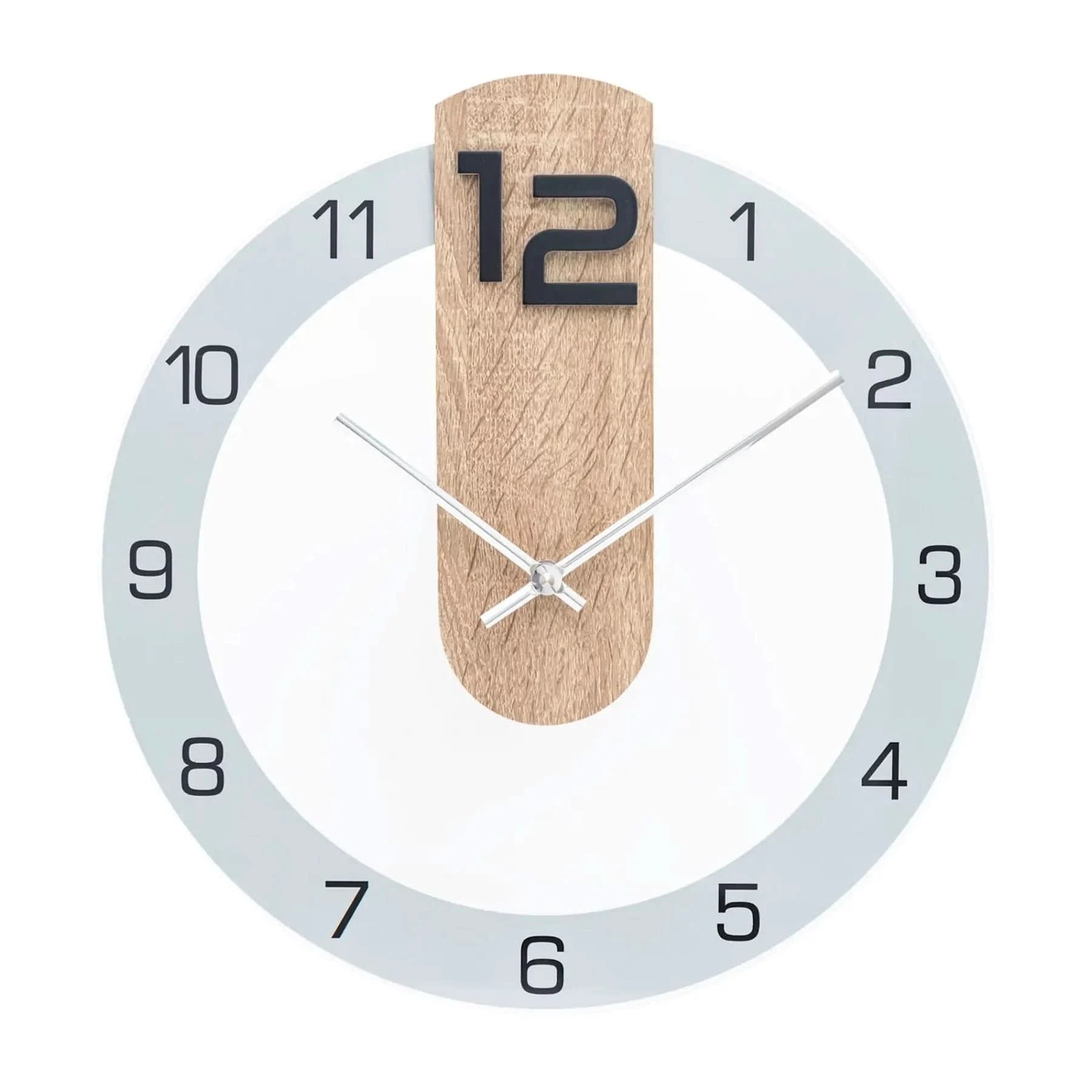 Funk-Wanduhr mit hellblauem Ziffernring, weißem Ziffernblatt und hölzernem Mittelteil
