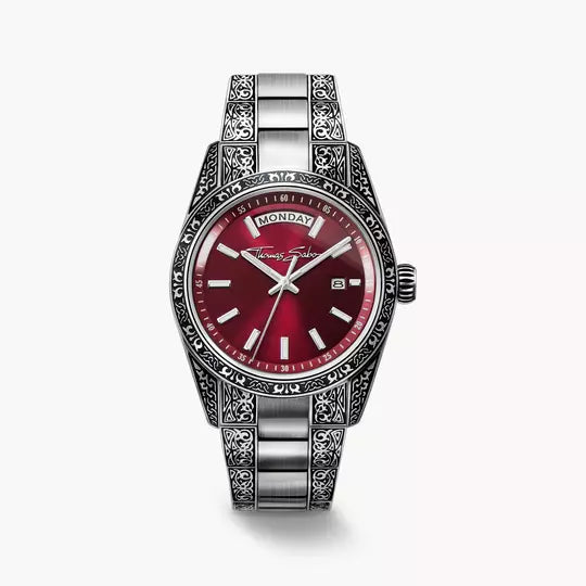 Thomas Sabo Rebel at Heart Revive WA0425-201-201 Unisex Armbanduhr Dunkelrot • Graviermuster-Design • 5 ATM wasserdicht