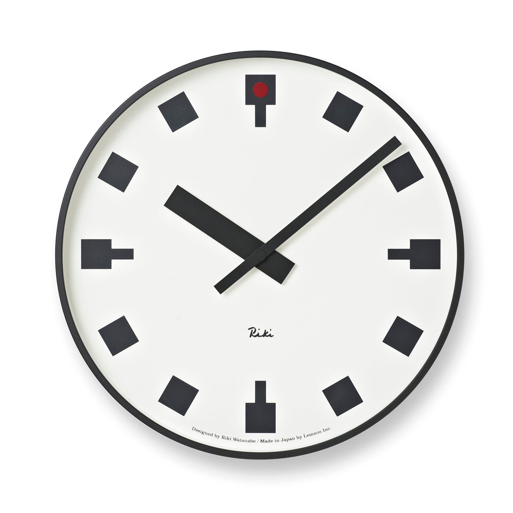 Weiße Wanduhr mit schwarzem Rahmen, schwarzen Zeigern und roten Detailanzeige oben