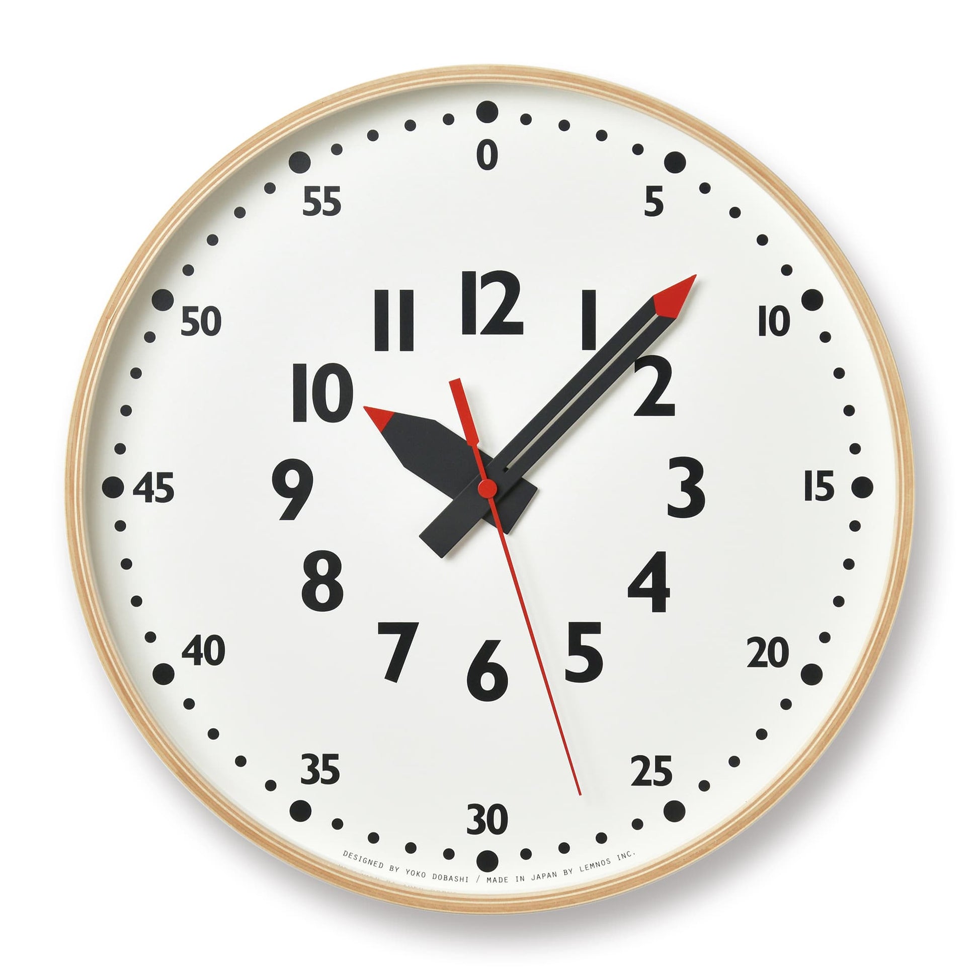 Wanduhr mit Naturholzrahmen und weißem Zifferblatt, rotem Sekundenzeiger