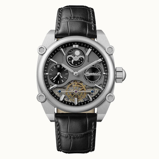 Ingersoll Herren-Armbanduhr mit schwarzem Lederband, silberfarbenem Gehäuse und Skelettzifferblatt.