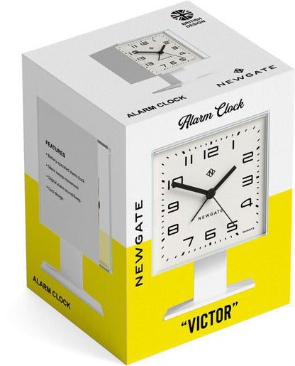 Alarmwecker-Verpackung mit Uhrfenster und „Victor“-Schriftzug auf Karton