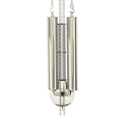 Silberne Wanduhr mit Pendelsäulen und Ketten am Uhrgehäuse, rundes Design