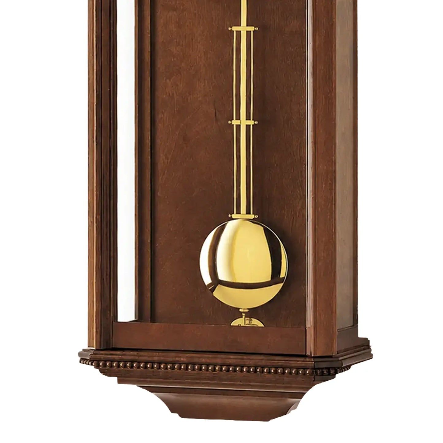 Wanduhr mit Nussbaumholzgehäuse und vergoldetem Pendel, Pendelstange sichtbar