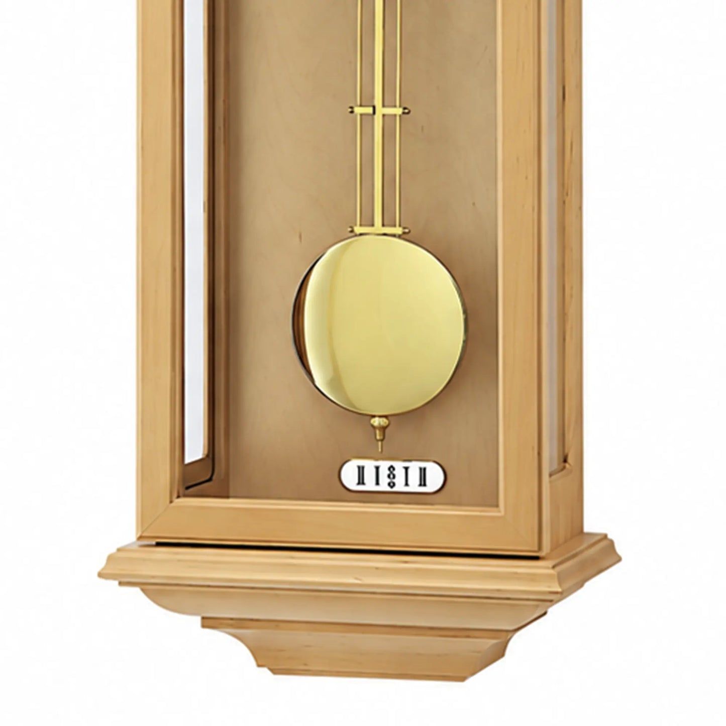 Wanduhr mit Erlenholz-Gehäuse, rundem Pendel und weißem Ziffernblatt mit römischen Ziffern