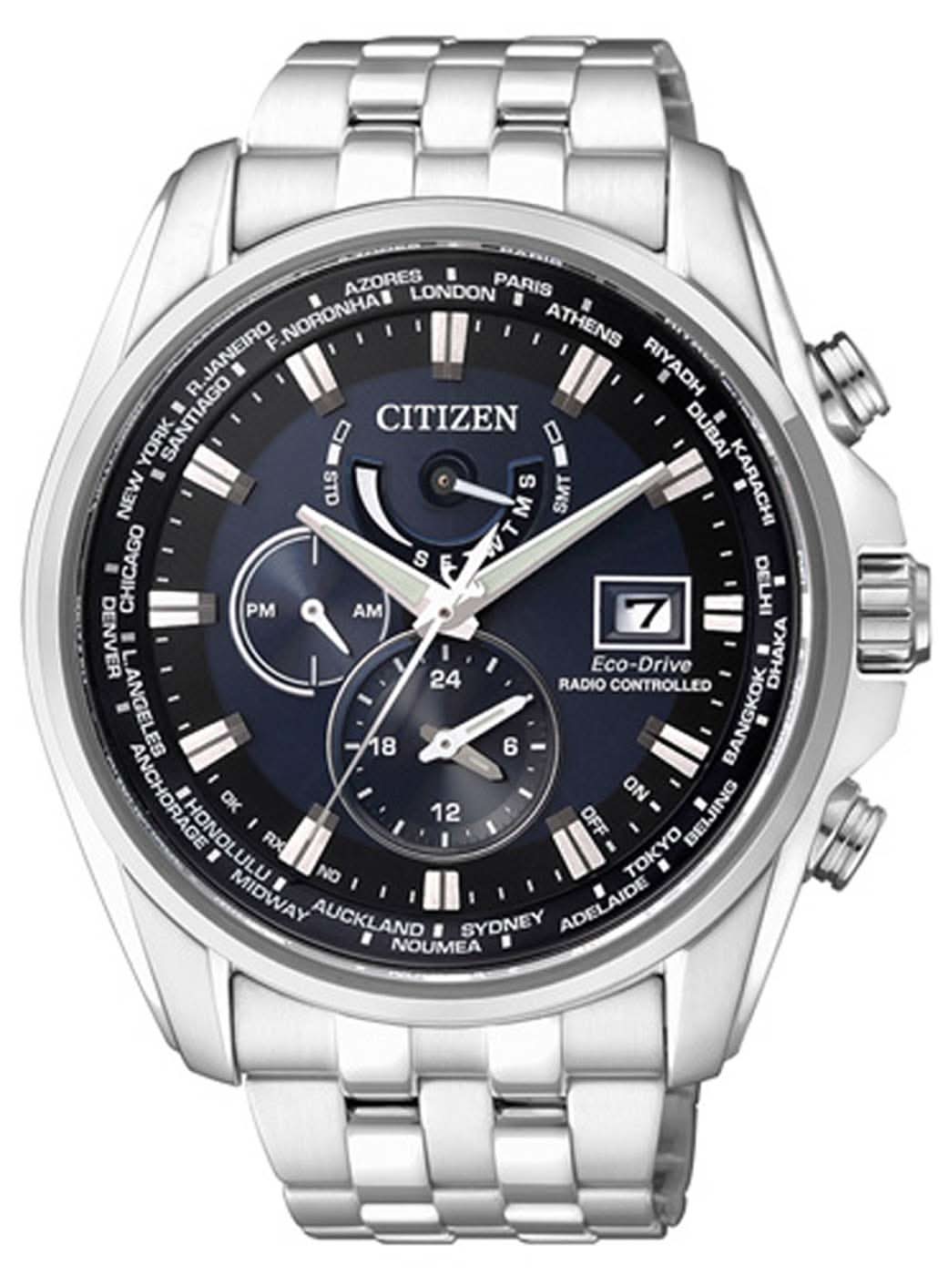 Herrenuhr mit dunkelblauem Zifferblatt, Zeigern und Stahlband, Krone rechts