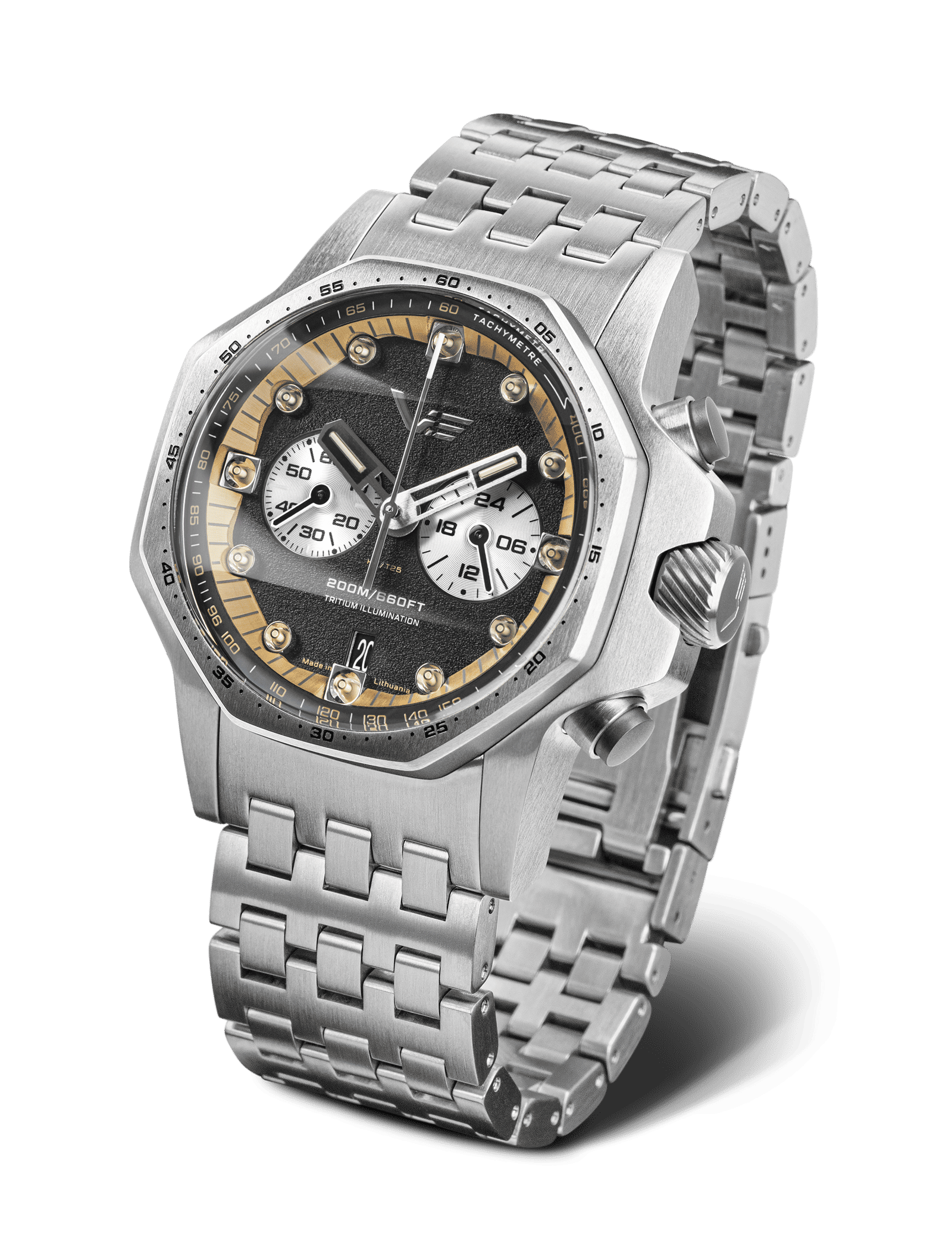 Herrenarmbanduhr mit silbernem Metallband, dunklem Zifferblatt und goldenen Details