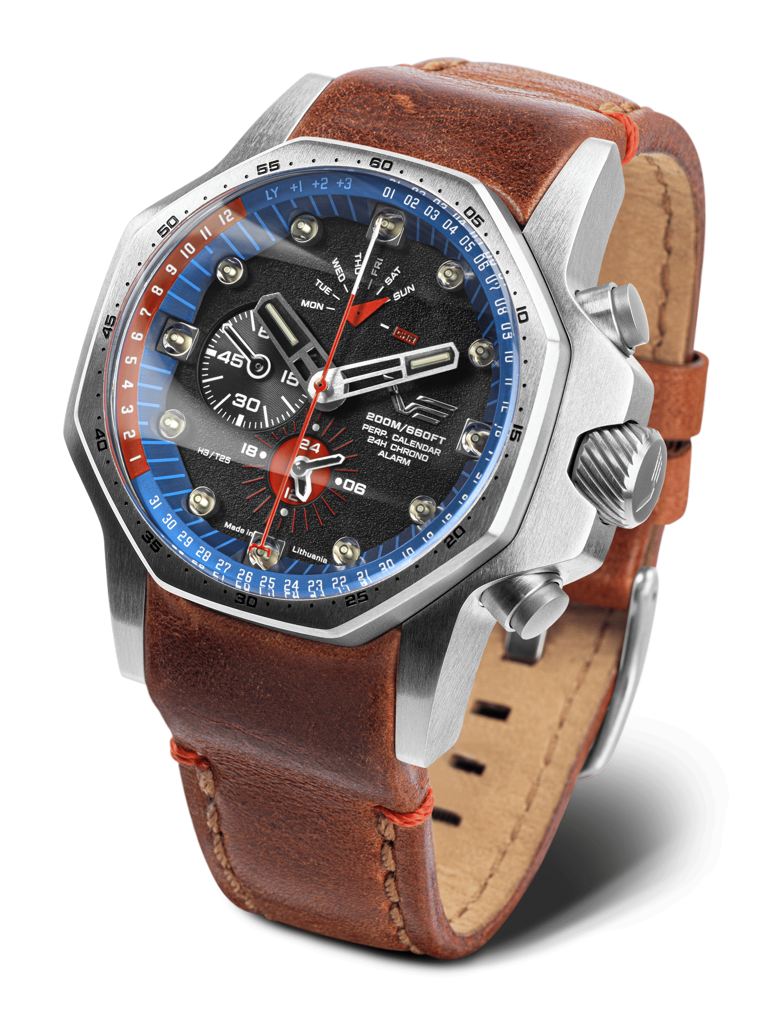 Herrenarmbanduhr Vostok Europe mit braunem Lederarmband, blauem Lünette, schwarzem Zifferblatt