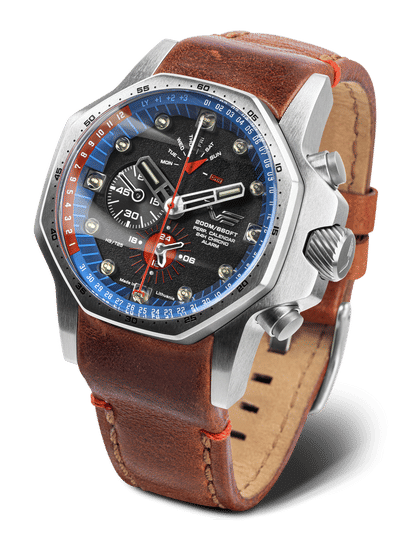 Herrenarmbanduhr Vostok Europe mit braunem Lederarmband, blauem Lünette, schwarzem Zifferblatt