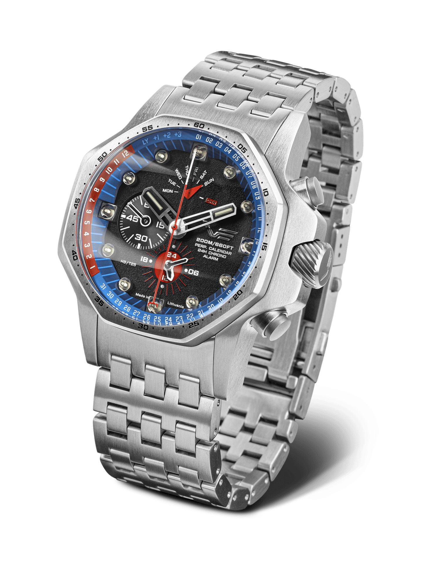 Herrenarmbanduhr Vostok Europe mit Edelstahlarmband, blauem Lünette, schwarzem Zifferblatt
