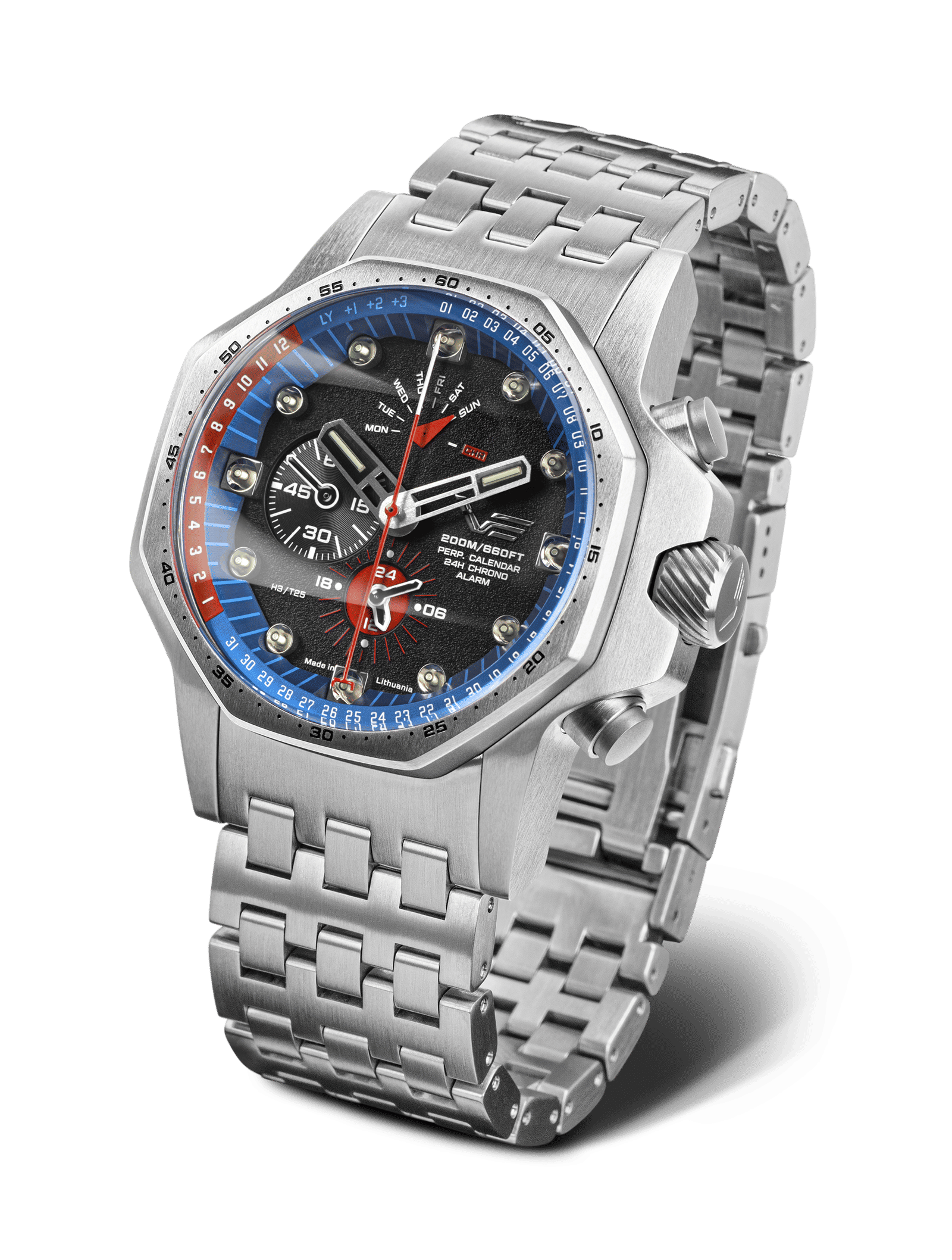 Herrenarmbanduhr Vostok Europe mit Edelstahlarmband, blauem Lünette, schwarzem Zifferblatt