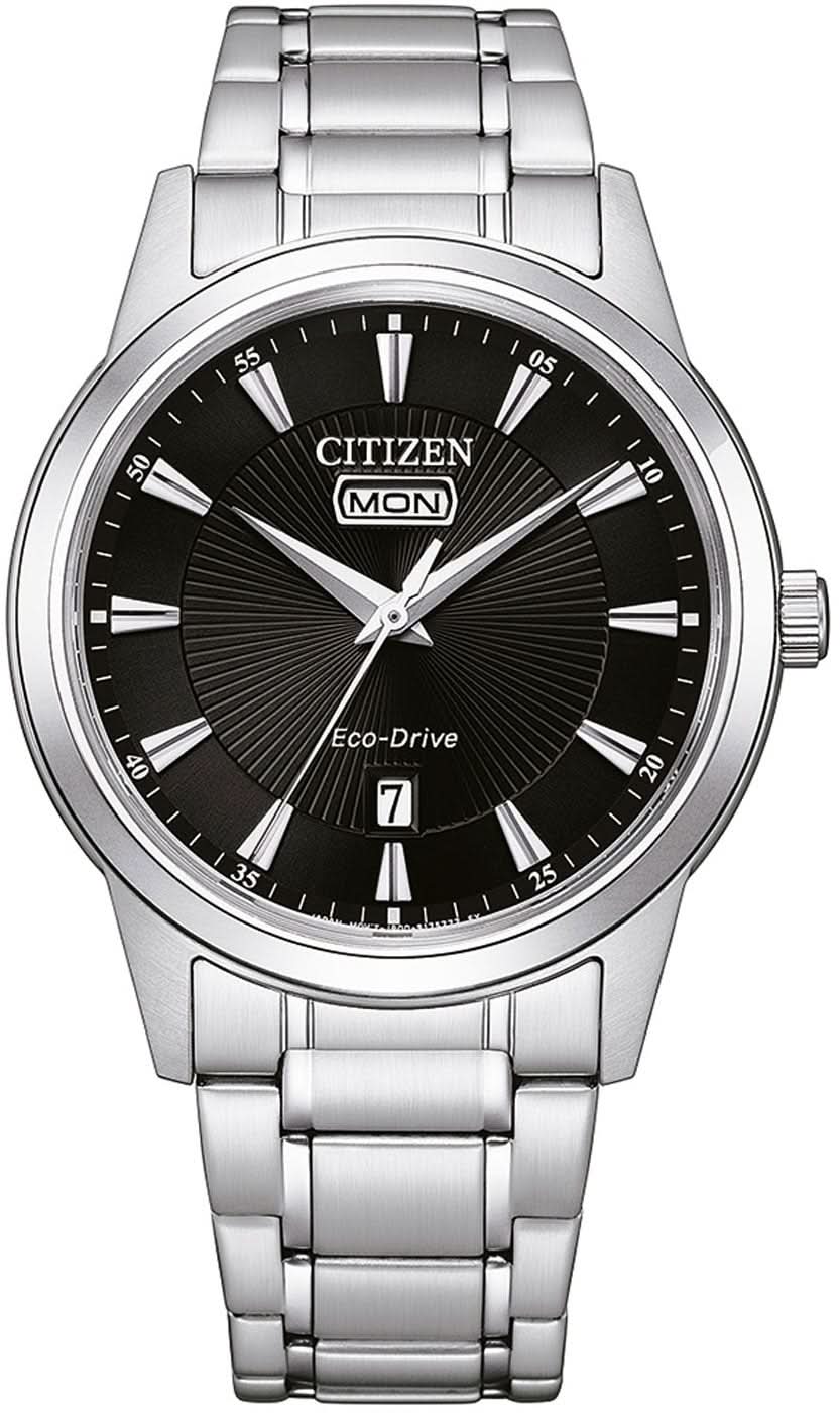 Herrenarmbanduhr Citizen Eco-Drive mit schwarzem Zifferblatt und Edelstahlarmband