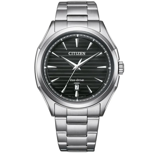 Herrenarmbanduhr mit silbernem Edelstahlband, rundem schwarzem Zifferblatt, Datumsanzeige, CITIZEN Eco-Drive
