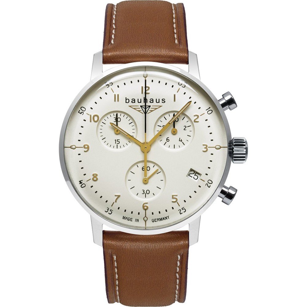 Bauhaus Dessau 2096-1 Herren Armbanduhr Weiß • Quarz-Chronograph mit ETA-Uhrwerk • Mineralglas